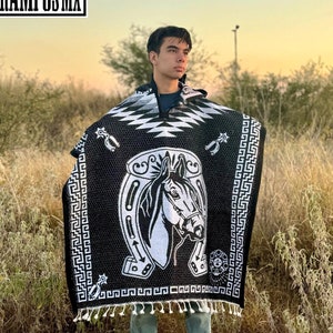 Mexican Hooded Unisex Classic Warm Poncho,Winter Shawl Mexico,Mexican Horse Gaban Blanket Poncho, Poncho Gaban Mexicano, Poncho Gorra Shawl
