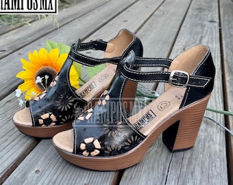 Womens Mexican Wedges Sandals Handmade Leather Huaraches Sandals High heel, Mexican wedge sandal,Mexican heels,Tacones Mexicanos Black Negro