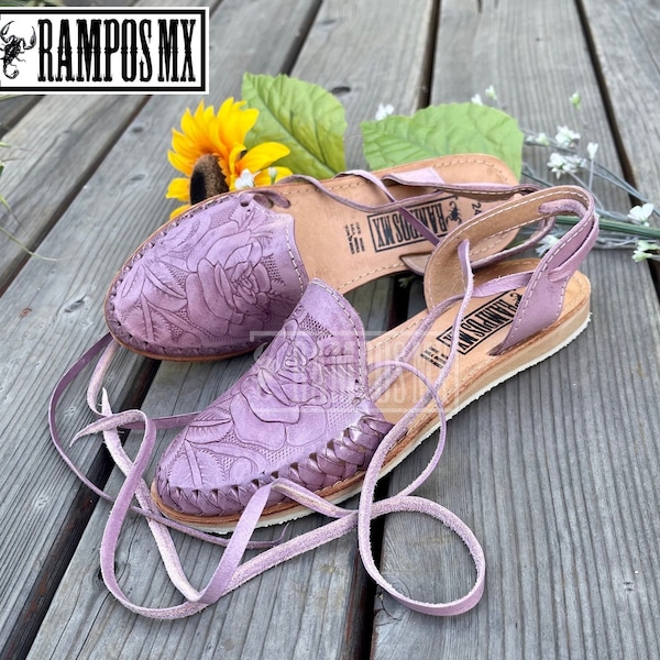 Womens Mexican Sandals,Handmade Leather Lace Up Sandals Huaraches,Sandalia Huaraches Mexicanos,Mexican leather Shoes TOOLED Lace-up LAVENDER