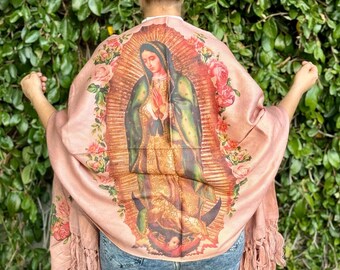 Shawl Virgin Mary Mexican Handmade Shawl,Floral Shawl from Mexico, Mexican Blanquet wrap ,Reboso Bordado Mexicano ,Reboso Virgen Guadalupe