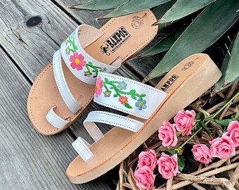 Damen mexikanische Sandalen, handgefertigte Leder Huaraches Sandalen, Sandalias Huaraches Mexicanos, mexikanische Lederschuhe, punziert JARDINES BLANCO / rs
