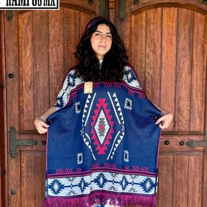 Mexican Hooded Poncho Aztec,Mexican Mañanita, Mexican Shawl hoodie, Warm Overcoat,Mexican Blanket Wrap,Poncho Azteca Mexicano,Pashmina Gorra