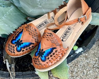 Womens Mexican Sandals with Buckle ,Handmade Leather Huaraches ,butterfly Shoes,Sandalias Mariposa Huaraches Mexicanos,Blue BUTTERFLY STRAP