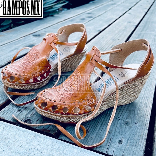 Womens Mexican Wedges Sandals, Handmade Leather Huaraches Sandals,Mexican wedge High Hells,Mexican heels ,Tacones Mexicanos TOOLED TAN