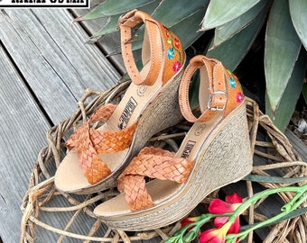 Womens Mexican Wedges Sandals, Handmade Leather Huaraches Sandals,Mexican wedge High Hells,Mexican heels ,Tacones Mexicanos huarache BROWN