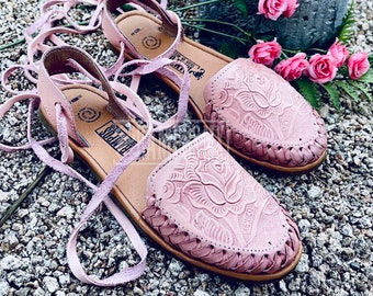 Sandales mexicaines pour femmes, sandales Huaraches en cuir faites à la main, chaussures mexicaines en cuir, lacets roses