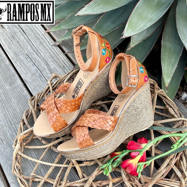 Womens Mexican Wedges Sandals, Handmade Leather Huaraches Sandals,Mexican wedge High Hells,Mexican heels ,Tacones Mexicanos huarache BROWN