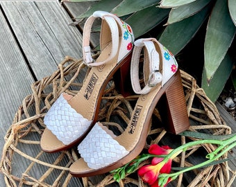 Womens Mexican Wedges Sandals Handmade Leather Huaraches Sandals High heel, Mexican wedge sandal ,Mexican heels ,Tacones Mexicanos WHITE