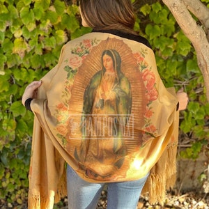 Shawl Virgin Mary Mexican Handmade Shawl,Floral Shawl from Mexico, Mexican Blanquet wrap ,Reboso Bordado Mexicano ,Reboso Virgen Guadalupe