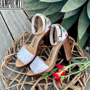 Womens Mexican Wedges Sandals Handmade Leather Huaraches Sandals High heel, Mexican wedge sandal ,Mexican heels ,Tacones Mexicanos WHITE