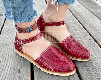 Womens Mexican Sandals,Handmade Leather Huaraches Sandals ,Sandalias Huaraches Mexicanos,Mexican Leather Shoes,Huarache Ankle STRAP BURGUNDY