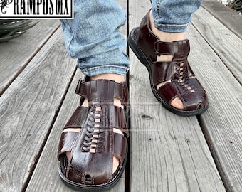 Sandalias de cuero hechas a mano mexicanas para hombres, Huaraches mexicanos para hombres, Sandalias Piel para Hombre México, Huaraches CUQUITOS CERRADO Marrón