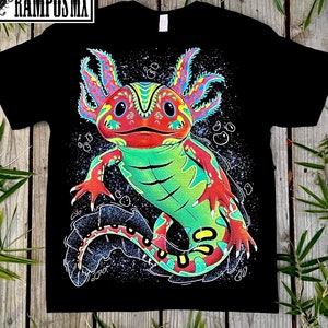 Mexican Axolotl T-shirts, Handmade Serigraphy Mexican Tshirt Artisanal Designs , Glow in Blacklight Axolotl Shirts ,Playeras Mexicanas