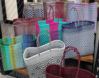 Stor mexikansk tote plastpåse, handvävd återvunnen plastpåse, handgjord vävd väska, Bolsa Tejida a Mano de Plastico, Hecha en Mexico