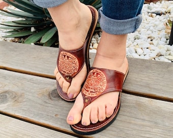 Womens Mexican Handmade Leather Huaraches Sandals Sandalias Piel Mujer Mexicano Sahuayo Mexico Pata de gallo CALENDARIO size 6US  only