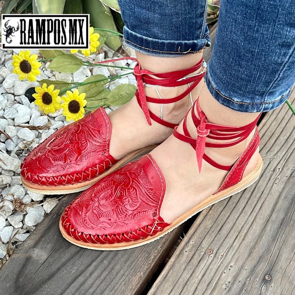 Womens Mexican Sandals, Handmade Leather Lace Up Sandals Huaraches, Sandalias Huaraches Mexicanos ,Mexican leather Shoes Lace-up TOOLED ROJO