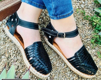 Womens Mexican Sandals, Handmade Leather Huaraches Sandals ,Sandalias Huaraches Mexicanos ,Mexican Leather Shoes, Ankle Strap  YUTE NEGROS