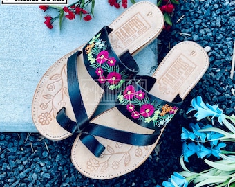Sandales mexicaines pour femme, sandales Huaraches en cuir faites main, sandalias Huaraches Mexicanos, chaussures mexicaines en cuir, Huarache JARDIN NEGROS/noir