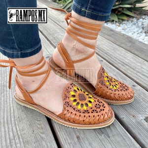 Womens Mexican Sandals,Handmade Leather Lace Up Sandals Huaraches,Sandalias Huaraches Mexicanos,Mexican leather Shoes TOOLED SUNFLOWER LASER
