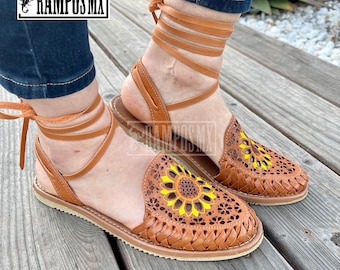 Sandales mexicaines pour femme, Sandales à lacets en cuir faites main Huaraches, Sandalias Huaraches Mexicanos, Chaussures en cuir mexicaines TOOLED SUNFLOWER LASER