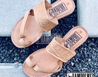 Sandali messicani da donna, sandali Huaraches in pelle fatti a mano, sandali Huaraches Mexicanos, scarpe in pelle messicane, TOOLED SIMPLITAS BEIGE