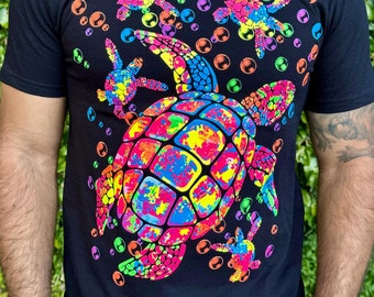Mexikanische Schildkröte T-shirts, handgemachte Serigraphie-mexikanisches T-Shirt Handwerkliche Designs, Glow in Blacklight Schildkröten-T-Shirts, Playeras Mexicanas Tortuga