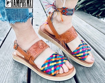 Damen mexikanische Sandalen, handgefertigte Leder Huaraches Sandalen, Sandalias Huaraches Mujer Mexicano, mexikanische Lederschuhe, Huarache ARCOIRIS