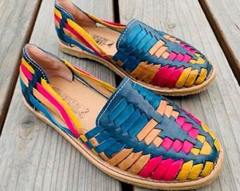 Sandalias mexicanas para mujer, sandalias huaraches de cuero hechas a mano, sandalias huaraches mexicanos, zapatos de cuero mexicanos, huarache mujer NATURAL AZUL