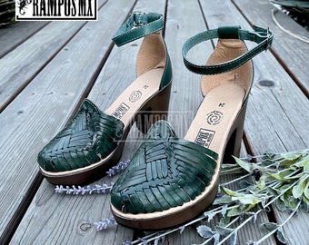 Sandales compensées mexicaines pour femmes, sandales Huaraches en cuir faites à la main, talons hauts, sandales compensées mexicaines, talons mexicains, tacones Mexicanos VERT