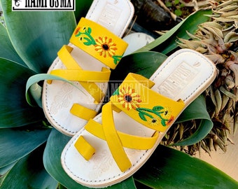 Womens Mexican Handmade Leather Huaraches Sandals Sandalias Piel Mujer Mexicano Sahuayo Mexico Amarillo Dama DCruz YELLOW Girasol Sunflower