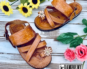 Kids Girls Mexican Leather Sandals , Children Handmade Huaraches Sandals ,Shoes Huaraches Mexicanos Niña Baby,  Mexico Broche DCRUZ camel