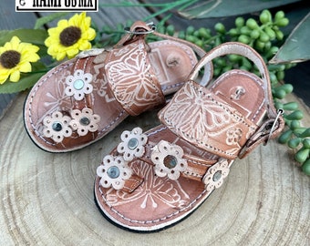 Kids Girls Mexican Leather Sandals , Children Huaraches Kids Sandals , Huaraches Mexicanos Niña Baby Mexico Shoes ,BROCHE DEDITO Natural