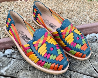 Sandalias mexicanas para mujer, sandalias huaraches de cuero hechas a mano, sandalias huaraches mexicanos, zapatos de cuero mexicanos, huarache mujer AZULVERDES