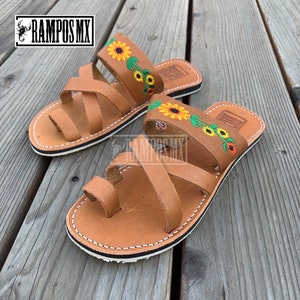 Womens Mexican Sandals, Handmade Leather Huaraches Sandals ,Sandalias Huaraches Mexicanos ,Mexican Leather Shoes, SUNFLOWER DEDO GIRASOL