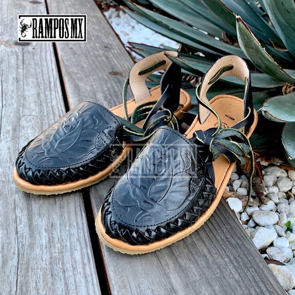 Womens Mexican Sandals, Handmade Leather Lace Up Sandals Huaraches, Sandalias Huaraches Mexicanos,Mexican leather Shoes Lace-up TOOLED BLACK