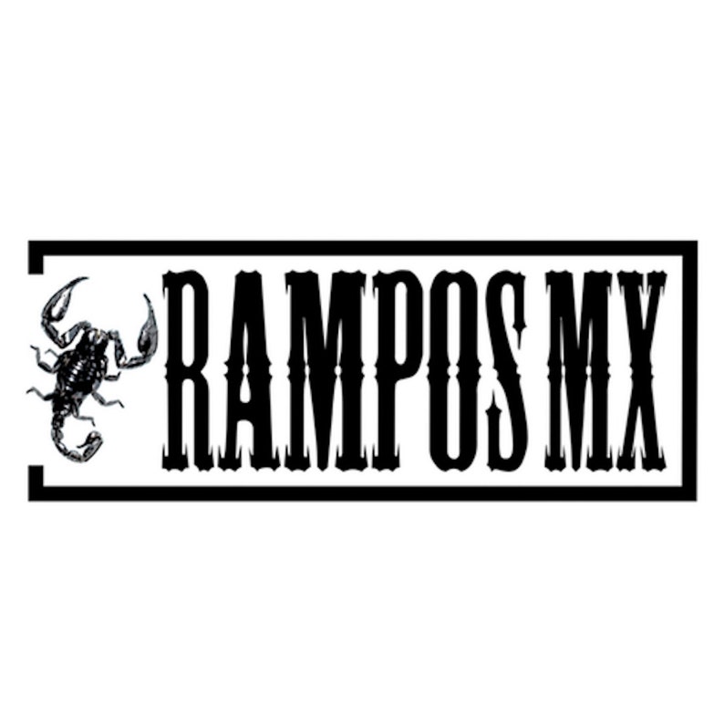 May include: Black and white logo with the text "RAMPOS MX" in a bold, stylised font. A black scorpion is to the left of the text.