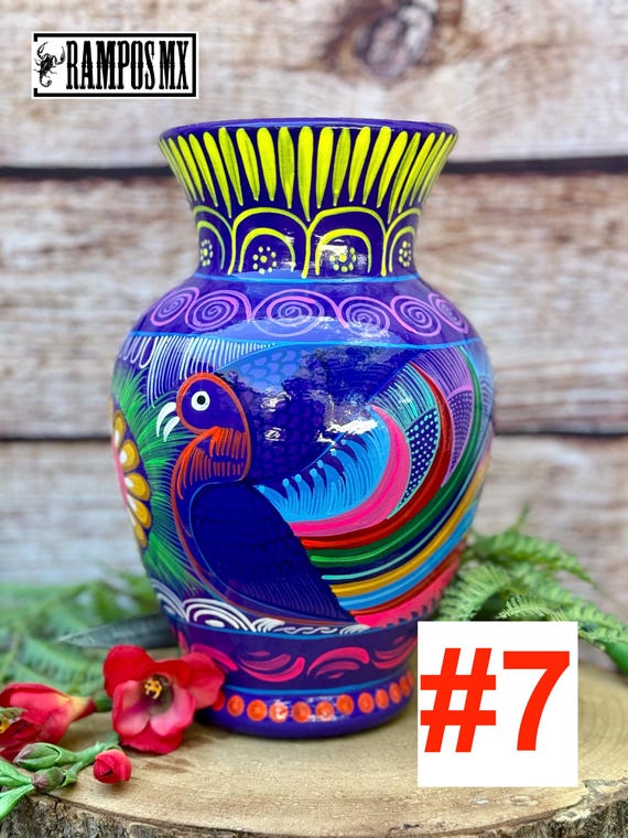 Large Mexican Flower or Water Jug, Handpaint Pottery Floral Pot