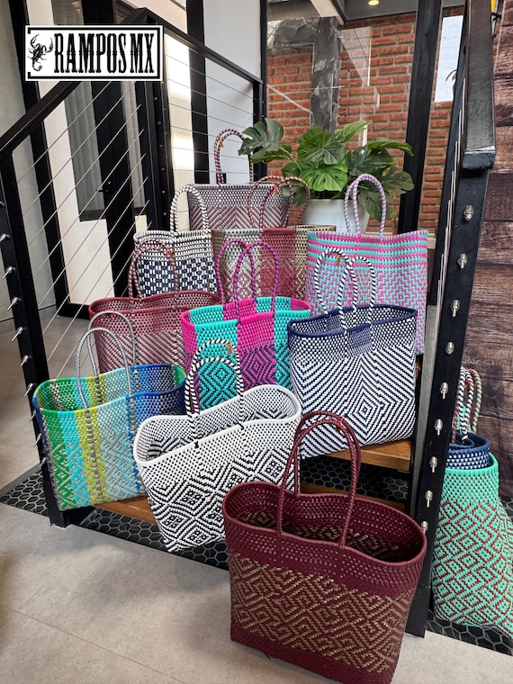 3/4 Large Mexican Tote Plastic Bag , Handwoven Recycled Plastic Bag, Handmade Woven Purse , Bolsa Tejida a Mano de Plastico ,Hecha en Mexico