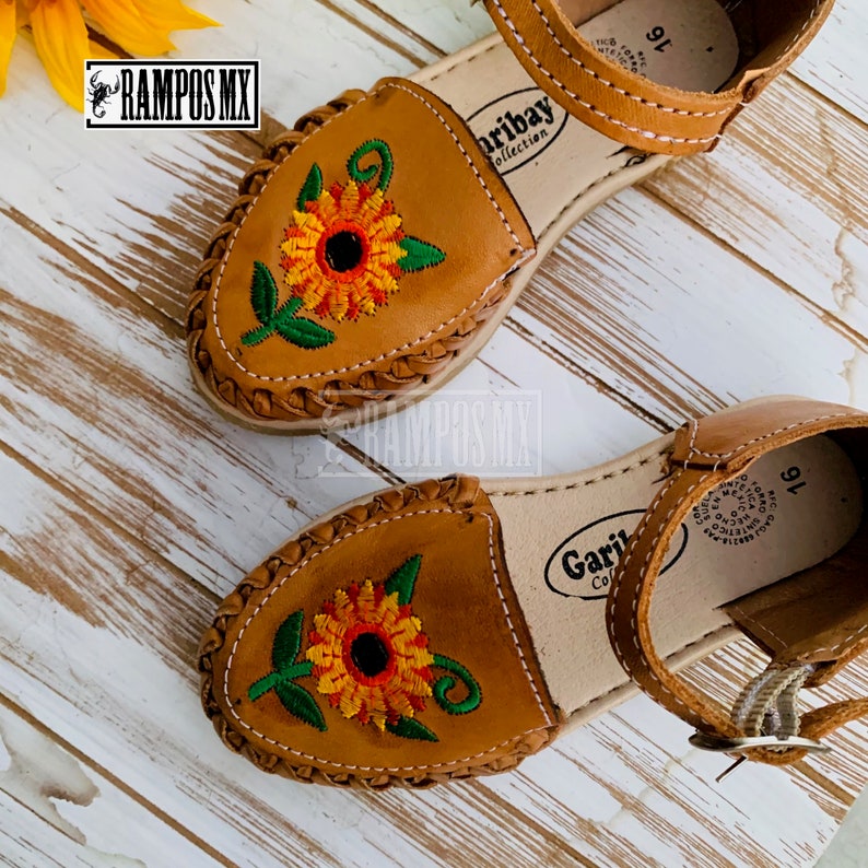 Sandales En Cuir Pour Fille - Fait Main Au Mexique - Pointure US 11 - Motif Fleurs