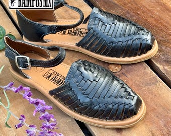 Sandales en cuir mexicaines pour femme, sandales Huaraches en cuir faites main, sandalias Huaraches Mexicanos, huarache negros avec bride à la cheville noir