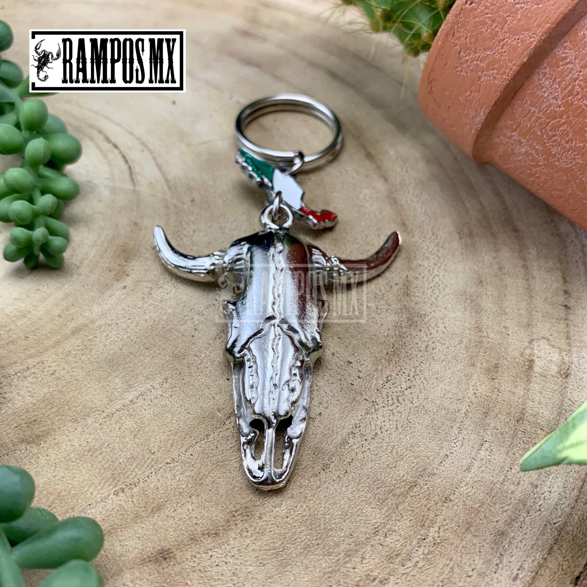 Mexican Longhorn Bull Cattle Skull Steel Metal Key Chain,llavero
