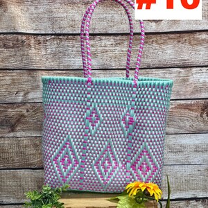 May include: A woven tote bag featuring a mint green and hot pink geometric diamond pattern with two matching braided handles. The bag displays the text RAMPOS MX and the number #10 in the upper corners of the image.