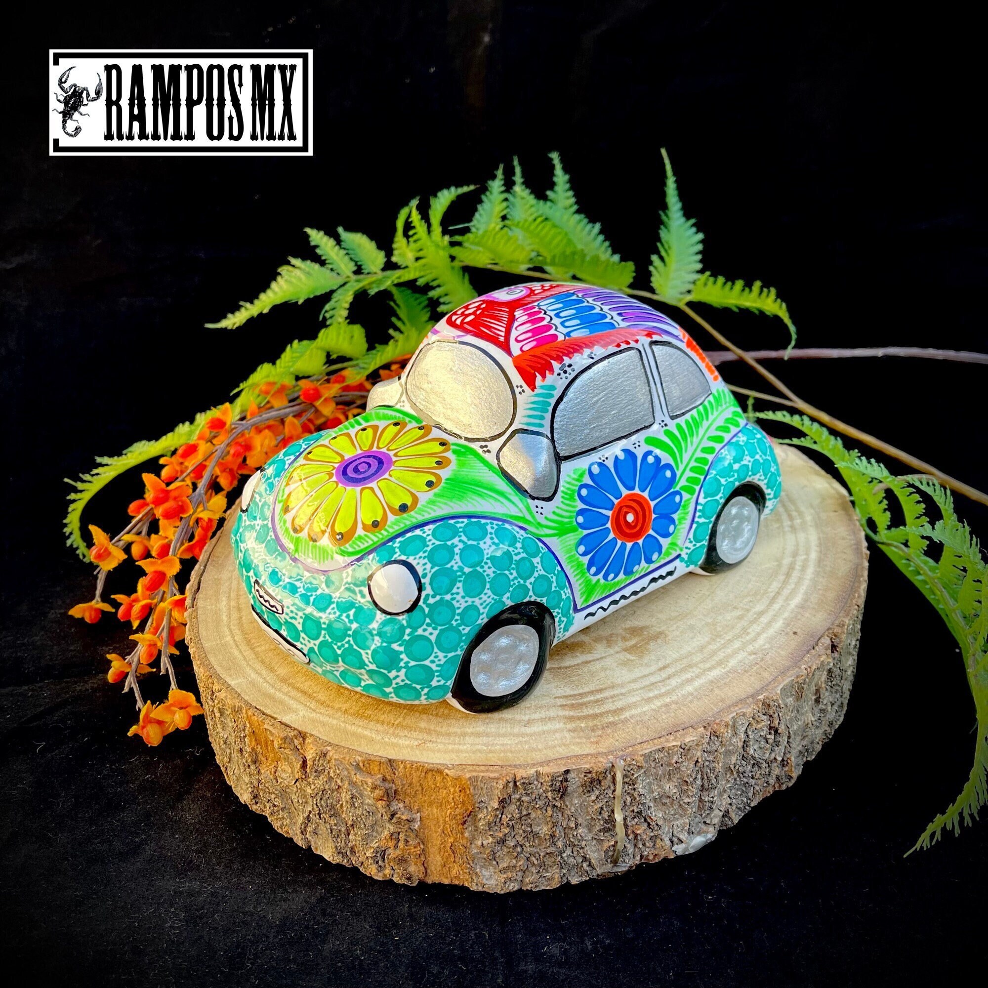 Beautiful Mexican Piggy Bank ,Hand-painted Ceramic Piggy Coin ,Car Coin Bank , Alcancia Mexicana Ceramica , Alcancia Carro Bocho , VW Hippie