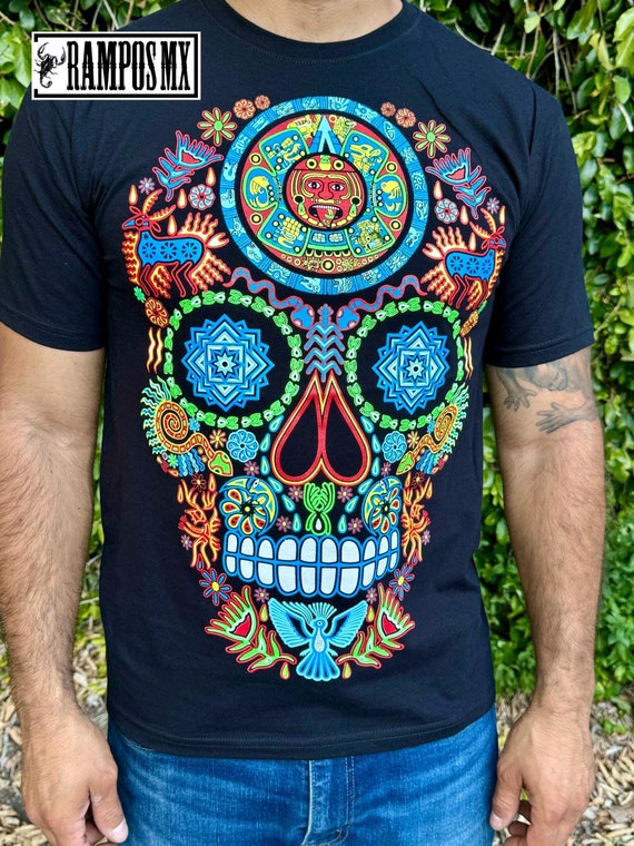 Playeras Mexicanas Playeras Mexicanas Serigrafiadas Hechas a Mano Disenos Artesanales Brillan en Luz Negra Playeras Aztecas Playeras Mexicanas Aztecas Azteca Etsy Espana
