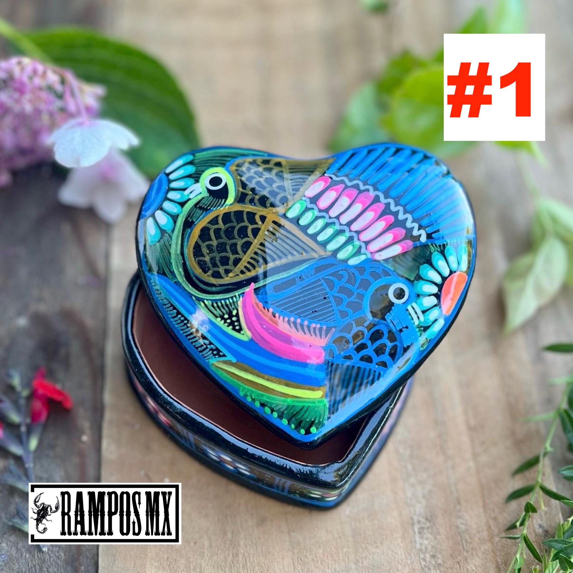 Beautiful Mexican Hand Painted Heart Jewelry Box ,handpainted Clay