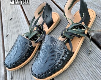Womens Mexican Sandals, Handmade Leather Lace Up Sandals Huaraches, Sandalias Huaraches Mexicanos,Mexican leather Shoes Lace-up TOOLED BLACK