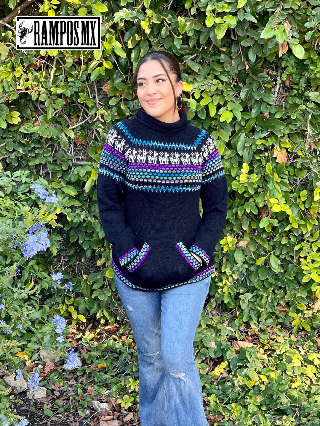 Mexican Embroidered Sweater With Turtle Neck ,mexican Boho Sweater