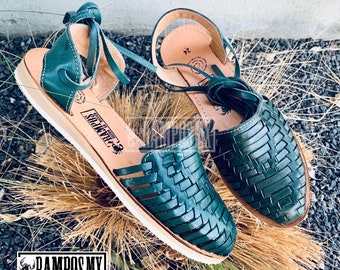 Womens Mexican Sandals, Handmade Leather Lace Up Sandals Huaraches, Sandalias Huaraches Mexicanos,Mexican leather Shoes ROMANO Lace-up GREEN