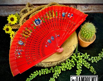 Handcrafted Folding Hand Fan Wood, Abanico de Mano de Madera Pintado a Mano , Handpainted Wooden Hand Fan Travel , Abanico Mexicano Pintado