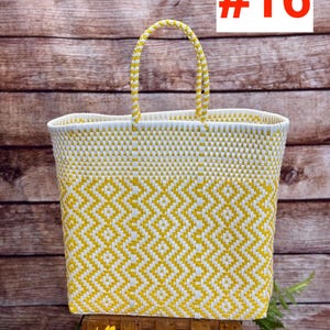 May include: Yellow and white woven tote bag with a geometric diamond pattern. The bag has a matching handle and the number 16 in red. The brand name "RAMPOS MX" is in the top left corner.